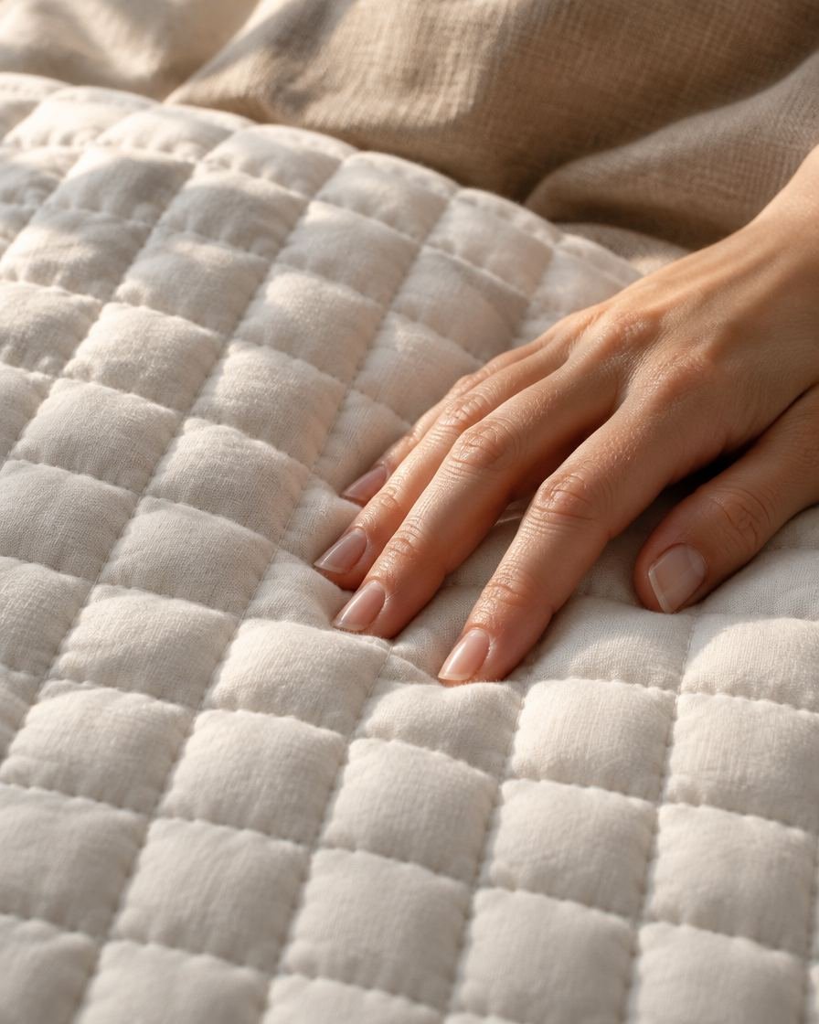 Nahaufnahme der Innendecke mit kleinen Kammern und Glasperlen, eine Hand liegt darauf