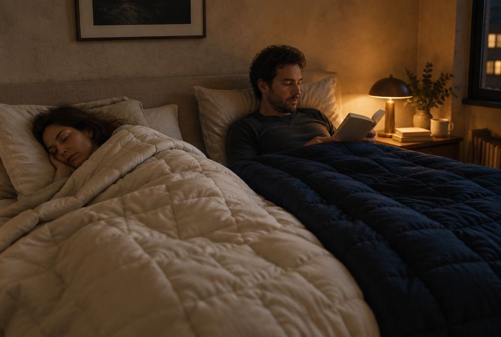 Ein Paar im Bett, jeder unter einer eigenen Heavy Sheep Decke in Sand und Night